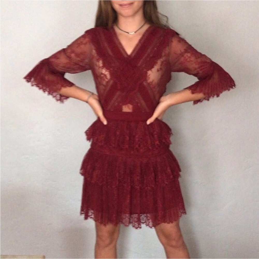 Self-Portrait Burgundy Lace Mini Dress XS - Picture 2 of 8